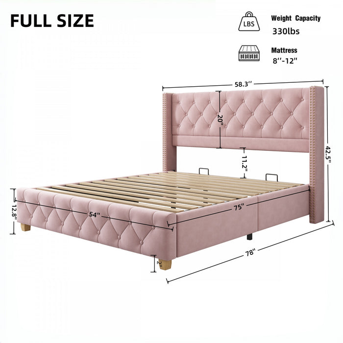Lit plateforme en lin Haley avec tete de lit a ailes classiques et capitonnage en diamant, taille Full, rose