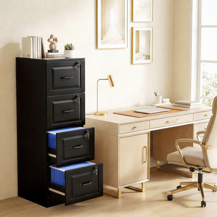 HOMCOM Armoire de Classement Verticale, 4 Tiroirs avec Serrure, Noir