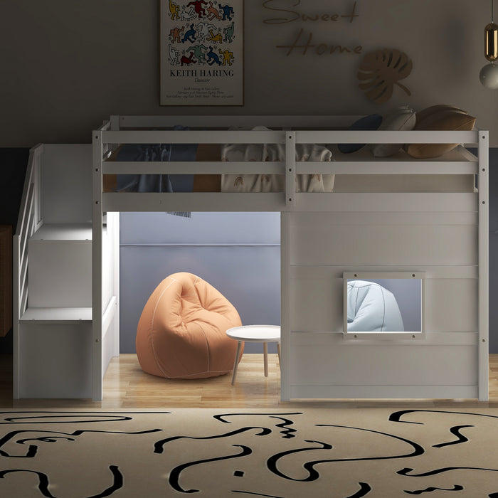 Martin – Lit Mezzanine Simple En Bois Massif Avec Escaliers De Rangement, Fenetre Ludique Et Eclairage Del – Blanc