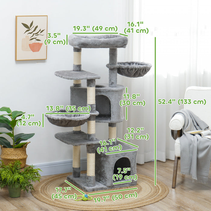 Pawhut Arbre A Chat De 52.5\", Tour Pour Chats D'interieur Avec Griffoirs, Condos Pour Chats, Lit, Plates-formes, Hamacs, Centre D'activites Pour Chat, Gris
