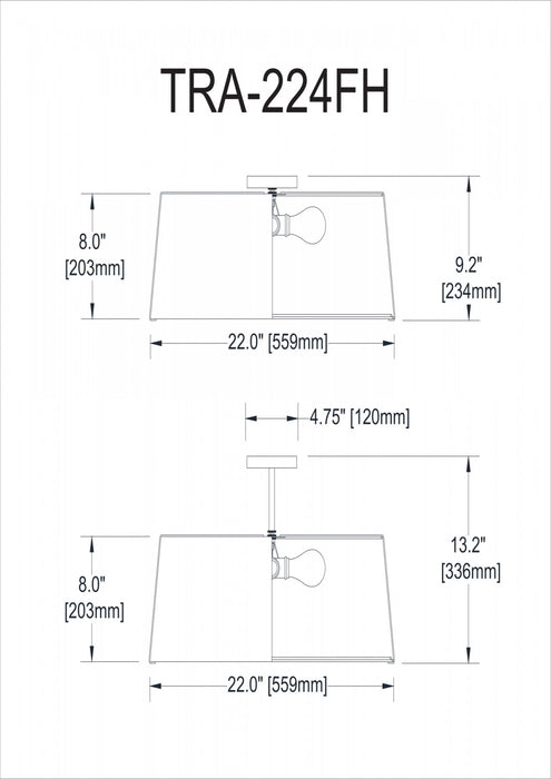 Plafonnier affleuré Trapezoid de Dainolite avec abat-jour cylindrique effilé noir et blanc qui diffuse la lumière, tissu blanc et 4 ampoules