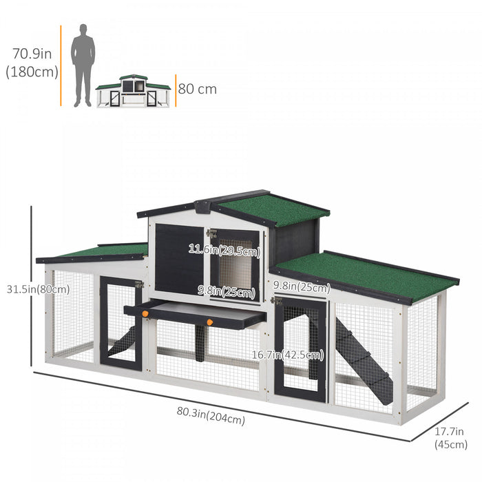 Pawhut Grand Clapier A Lapin Avec Double Parcours, Cage A Lapin En Bois Pour L'exterieur Avec Plateau Amovible, Rampes, Toit, 80\" X 18\" X 31.5\", Gris