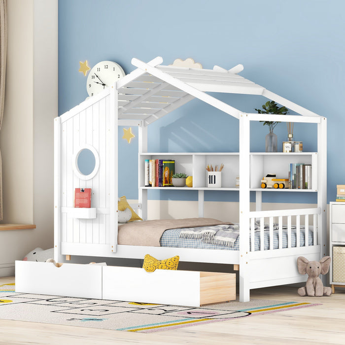 Lit Maison Jeames en Bois avec 2 Tiroirs de Rangement et Etagere, Taille Twin - Blanc