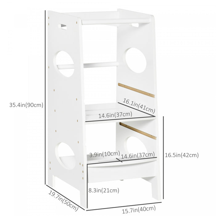 Homcom Tour D'apprentissage Enfants Tour D'aide De Cuisine Pedale Reglable 3 Niveaux Mdf 15.75\" X 19.75\" X 35.5\" Blanc