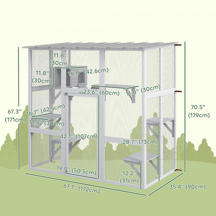Pawhut Catio Enclos D'exterieur Pour Chat En Bois Avec Toit Resistant Aux Intemperies, Pont, Boite De Repos, Plates-formes Pour 2 Chatons, Blanc