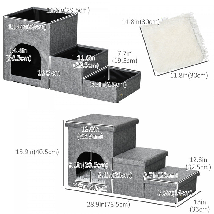 Pawhut Escalier Multifonctionnel Pour Chien Avec Boites De Rangement Et Condo, Escalier En 3 Etapes Pour Lit Haut Et Canape Avec Coussin En Peluche Lavable, Gris Clair