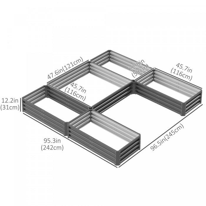 Outsunny 2,4 X 2,4 M Diy Lit De Jardin Sureleve, Lot De 5 Grandes Jardinieres En Acier Pour Plantes D'exterieur, Legumes, Fleurs, Herbes, Assemblage Facile, Gris