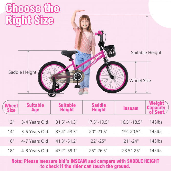 Costway 16\" Velo Pour Enfants Avec Roues D'entrainement Guidon Reglable Et Frein A Main De Siege Rose