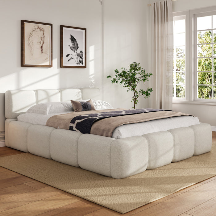 Lit plateforme Aiden avec cadre rembourre de soutien en tissu boucle, taille Queen, blanc