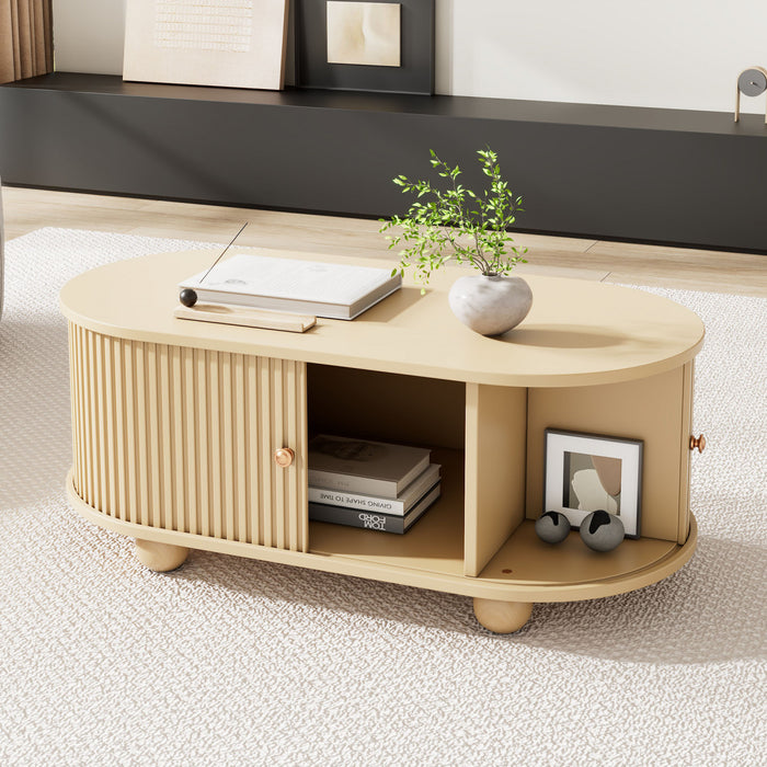 Ethan table basse ovale – table basse avec portes coulissantes et rangement cache, bois naturel