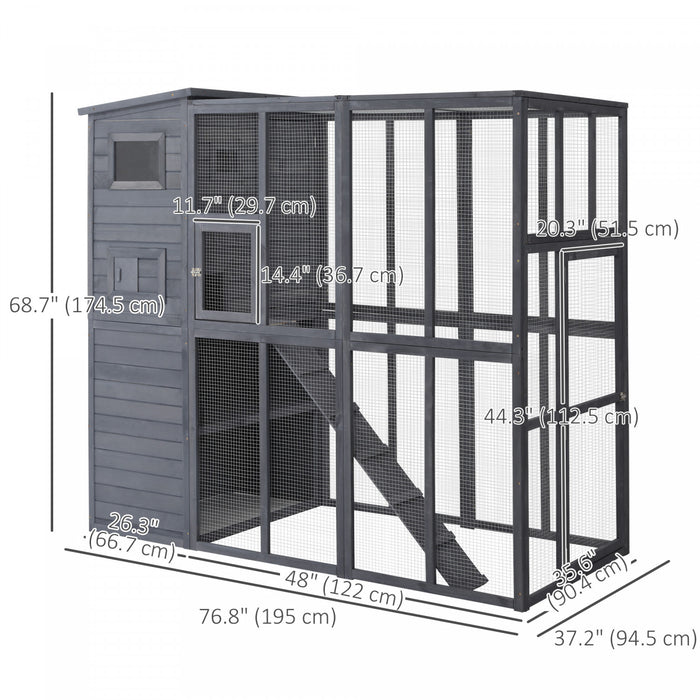Pawhut Niche D'exterieur Pour Chat, Abri En Bois Pour Chat Sauvage Catio, Cage Pour Chat Avec Plates-formes, Toit En Asphalte De Protection Contre Les Intemperies, Rampes, 77\" L