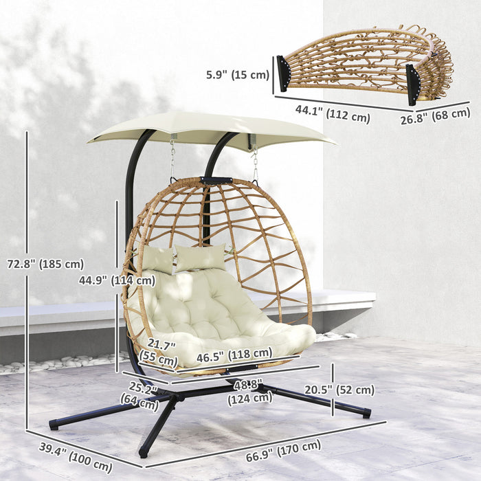 Outsunny Chaise Suspendue Double Œuf avec Auvent, Chaise Balancelle Pliable, Beige