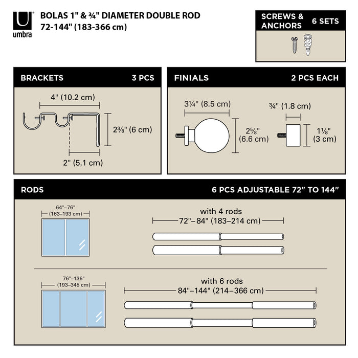  Tringle à rideaux extensible double Bolas de Umbra nickel de 1 po et de 3/4 po - 72 po à 144 po