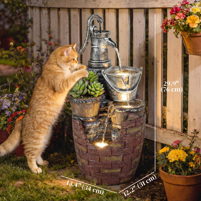 Fontaine exterieure Outsunny a 4 niveaux, fontaine de jardin avec lumieres LED