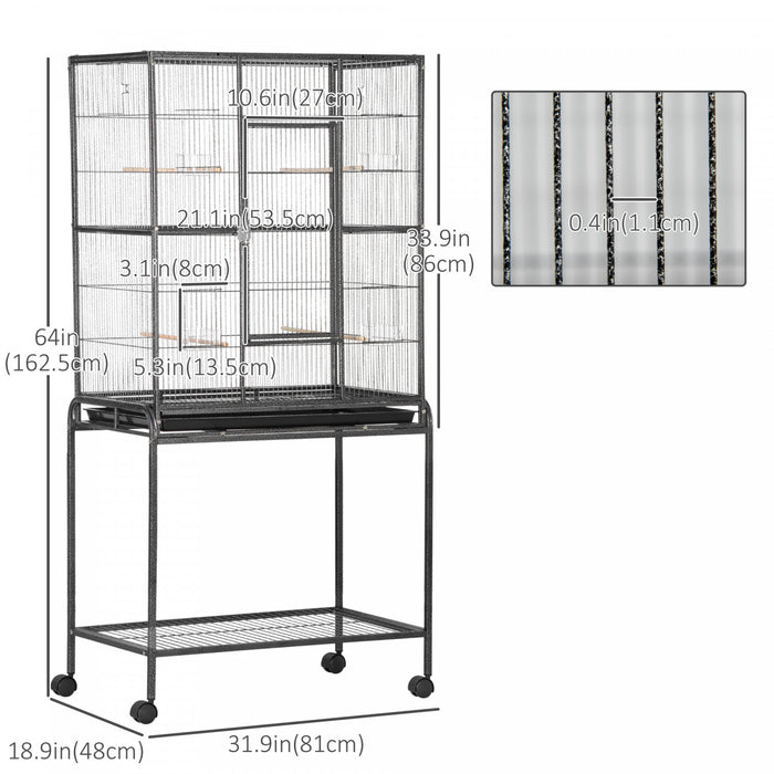 Cage A Oiseaux Portable Avec 4 Mangeoires Et 4 Perchoirs Pratique 81 X 48 X 163 Cm Noir Et Gris