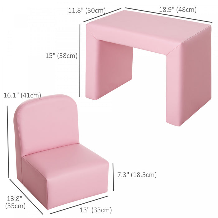 Qaba Ensemble Canape 2-en-1 Multi-fonctionnel Pour Enfants Table Chaise Ensemble Canape Doux Robuste, Rose
