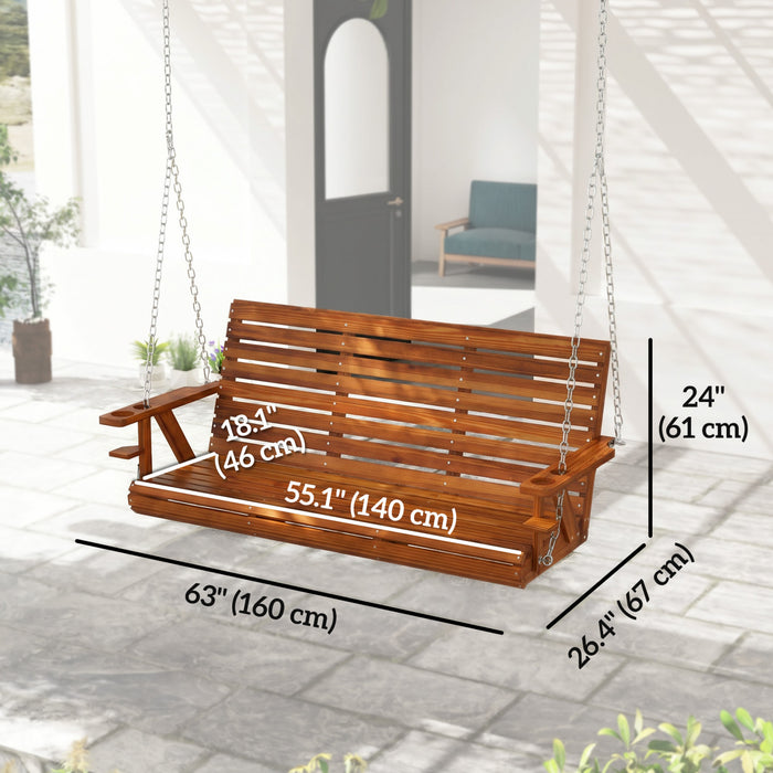 Outsunny Balancoire de Veranda en Bois 3 Places, 5 Pieds avec Porte-Gobelets, Carbonise
