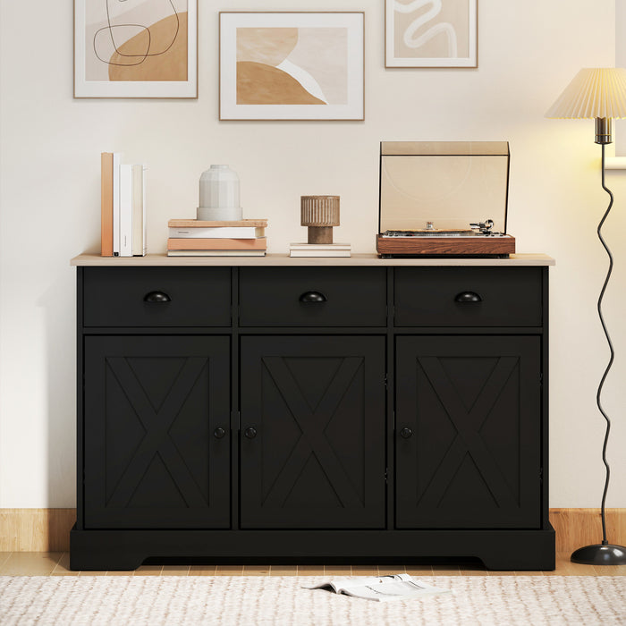 HOMCOM Buffet de 46.5\" avec 3 portes de style grange et 3 tiroirs, noir