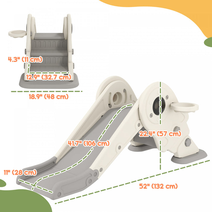 Qaba Toboggan 3 En 1 Pour Tout-petits, Toboggan Pliable Pour Enfants Avec Panier De Basket, Equipement D'activite Pour Enfants Sur Le Theme De L'espace Pour 2 A 5 Ans, Blanc Creme