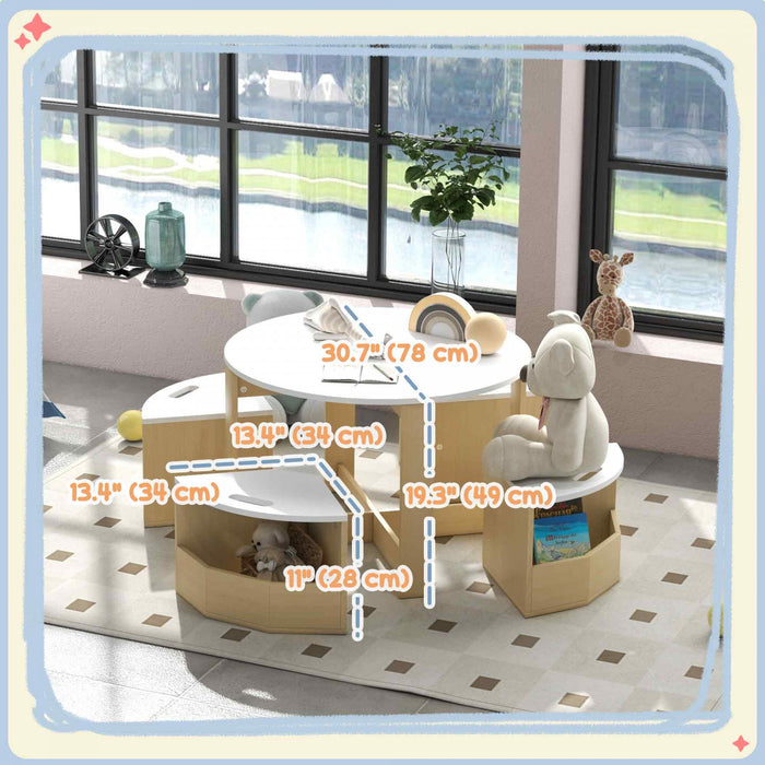 Qaba Ensemble Table Et Chaises Pour Enfants 5 Pieces Avec Rangement, Blanc