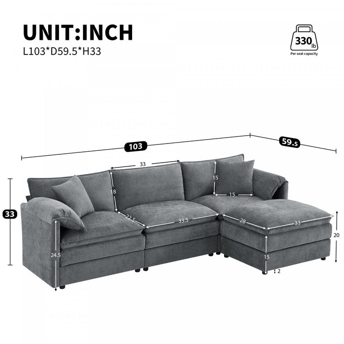Nimbus Canape Sectionnel Modulaire en Chenille 103 po avec Ottoman et Double Coussin, Gris Fonce