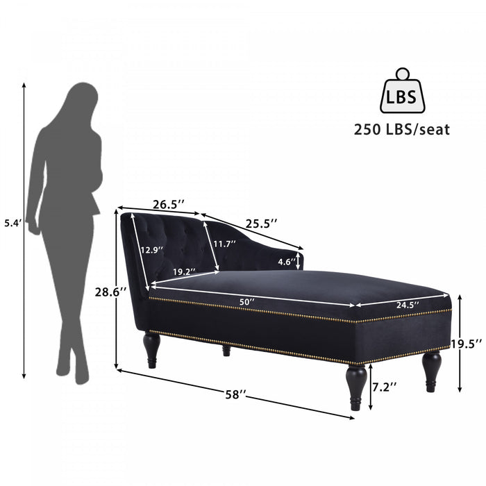 Serena Chaise Longue en Velours a Capitonnage Boutonne et Clous Decoratifs, Noir