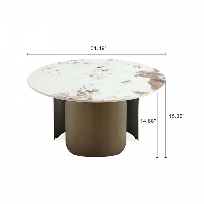Table basse Monica Modern Glam avec plateau en pierre frittee, finition bronze
