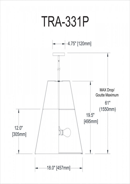 Luminaire suspendu Trapezoid de Dainolite avec abat-jour trapézoïde doré et noir qui diffuse la lumière, tissu blanc et 3 ampoules