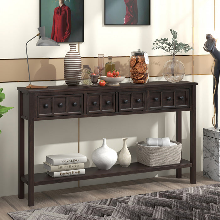 Table Console Michael En Bois Massif Pour Entree Avec Tiroirs De Rangement Et Etagere Inferieure - Marron