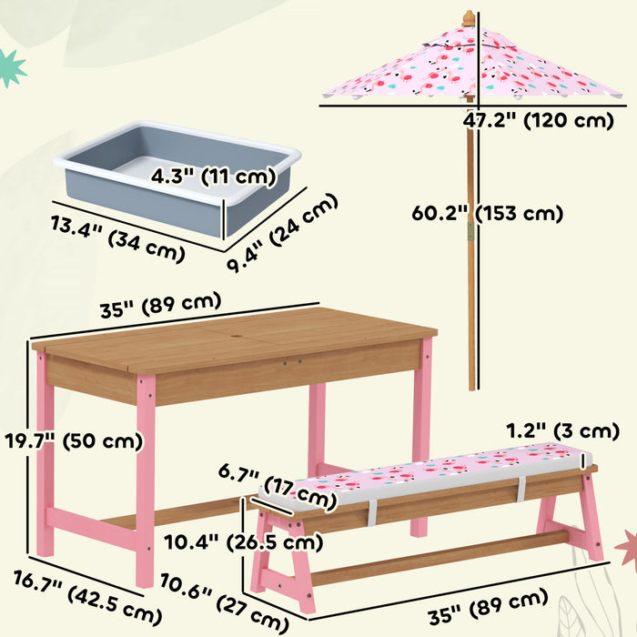 Qaba Table de Pique-Nique Enfant, Ensemble Exterieur en Bois avec Parasol Rose
