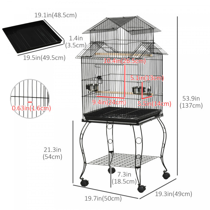 Pawhut 53,9\" Grande Cage A Oiseaux Roulante En Acier Avec Support Roulant Amovible, Etagere De Rangement, Perchoir En Bois, Recipient Alimentaire, Noir