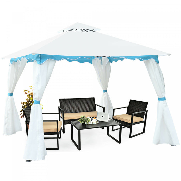 Auvent De 10 Pi X 10 Po En Acier A 2 Etages Pour Abri De Jardin, Tente A Baldaquin A Rideaux