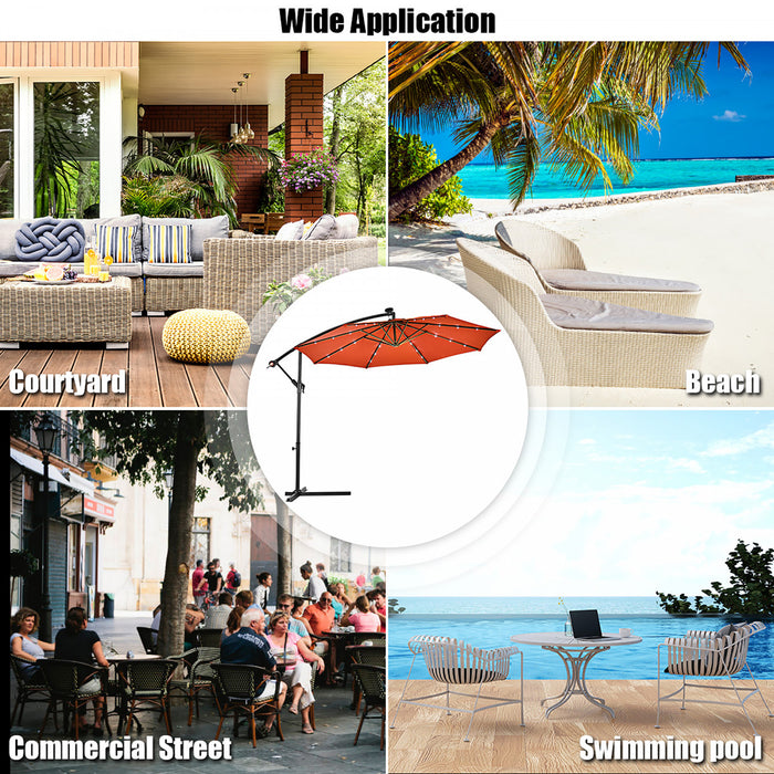 Costway Parasol suspendu solaire LED 10' pour patio, ombre solaire decalee avec base Marche Orange