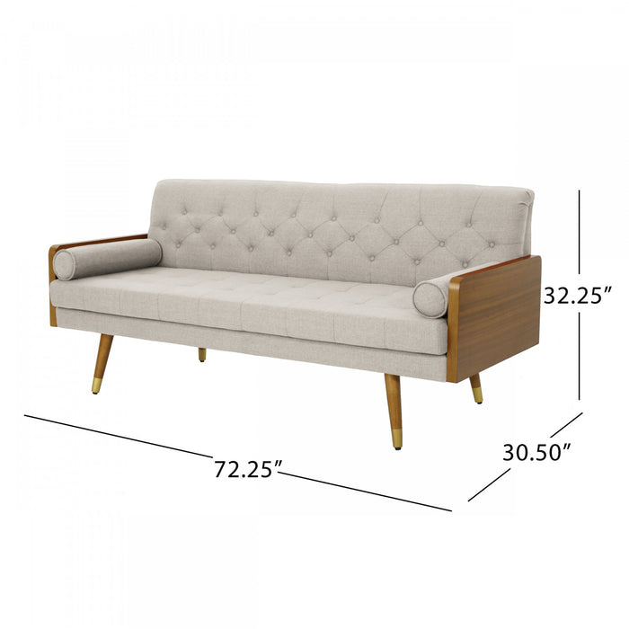 Canapé 3 Places En Tissu Capitonné Aidan Avec Coussins Roulés - Beige