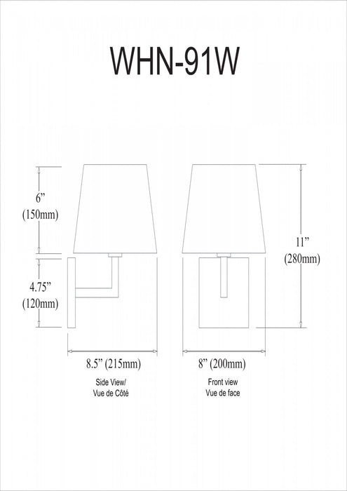 Applique murale Whitney de Dainolite avec abat-jour blanc, fini noir mat et 1 ampoule