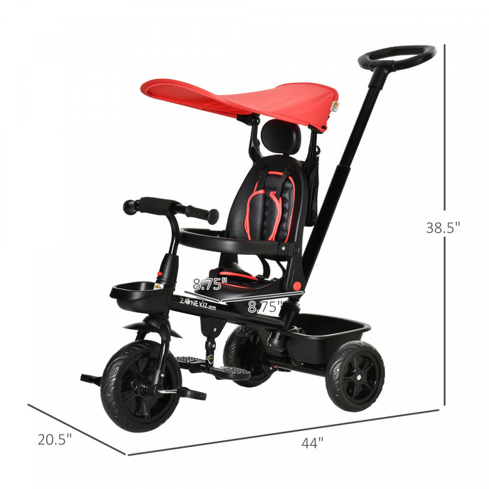 Qaba Tricycle Enfants Evolutif 4 En 1 Canne Telescopique Amovible Et Pare-soleil Pliable Demontable Angle Du Dossier Reglable Siege Pivotant Sac Et Paniers Integres Metal 44\" X 20.5\" X 38.5\" Rouge