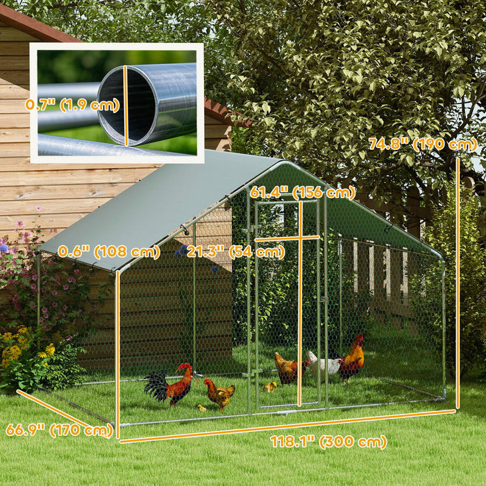 PawHut Poulailler Metallique, Enclos Exterieur de 9,8 x 5,6 Pieds avec Toit Resistant aux Intemperies et Porte Verrouillable, Grand Parc a Poules pour 5-8 Poules, Argente