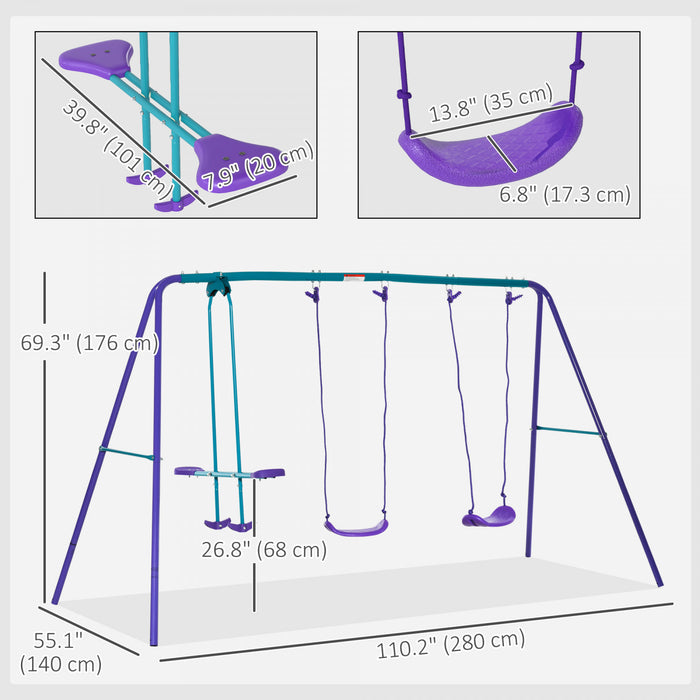 Portique Outsunny pour enfants, avec planeur, 2 sieges de balancoire, support en metal robuste en forme de A, aire de jeux d'exterieur avec corde reglable, pour enfants de 3 ans et plus, violet