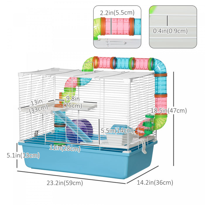 Pawhut Grande Cage Pour Hamster A 3 Niveaux Avec Tubes Et Tunnels, Poignees De Transport Portables, Avec Une Roue D'exercice, Une Bouteille D'eau, Un Plat A Nourriture, 23\" X 14\" X 18.5\", Bleu Clair