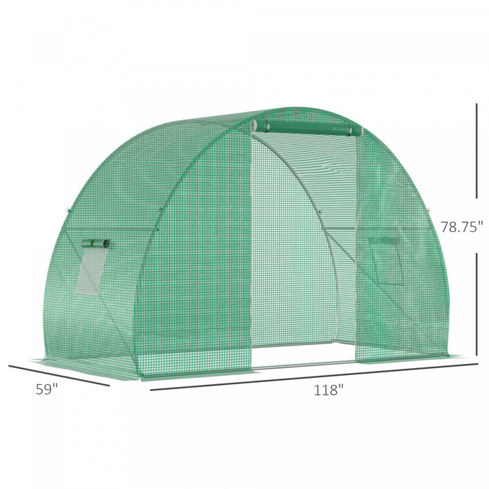 Outsunny 5'x10'x7' Tunnel Greenhouse Outdoor Walk-in Hot House Avec Fenetres A Enroulement Et Porte A Fermeture Eclair Cadre En Acier Couverture En Pe Vert