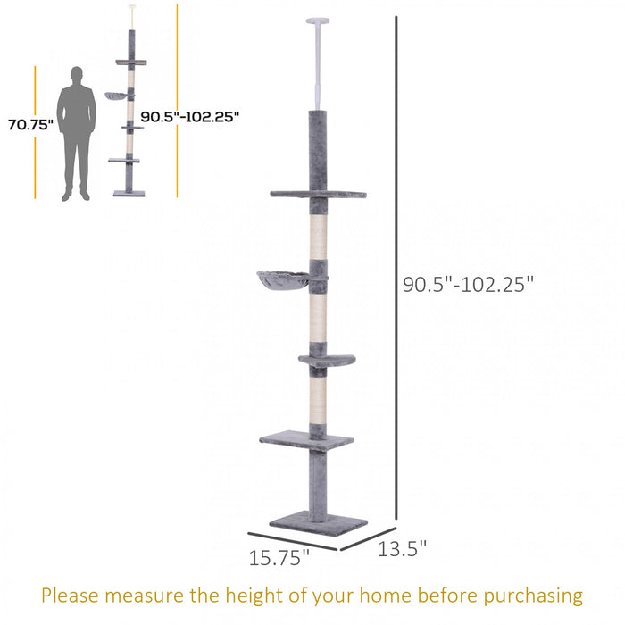 Pawhut Arbre D'escalade Pour Chat De 8,5 Pieds Centre D'activites Kitty A 5 Niveaux Jouet D'escalade Pour Chat Du Sol Au Plafond Avec Poteau A Gratter Meubles Pour Animaux Gris