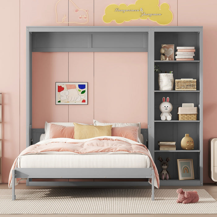 Lit Escamotable Double Jocelyn Gain De Place Avec Etageres, Gris