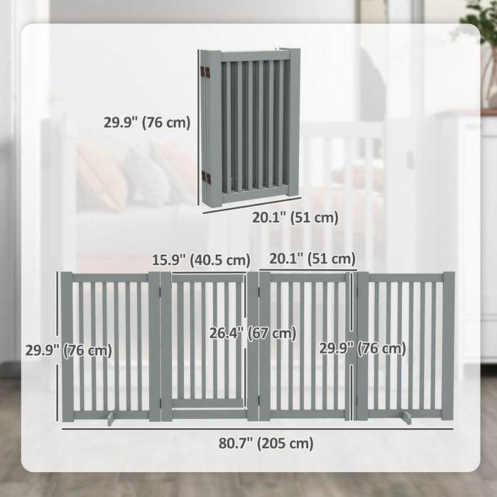 Pawhut Barriere Autoportante En Bois Pour Animal Domestique - Barriere D'interieur Pliable Pour Chien - Barriere De Securite Avec Porte, En Forme De Z - 4 Panneaux - Gris Clair