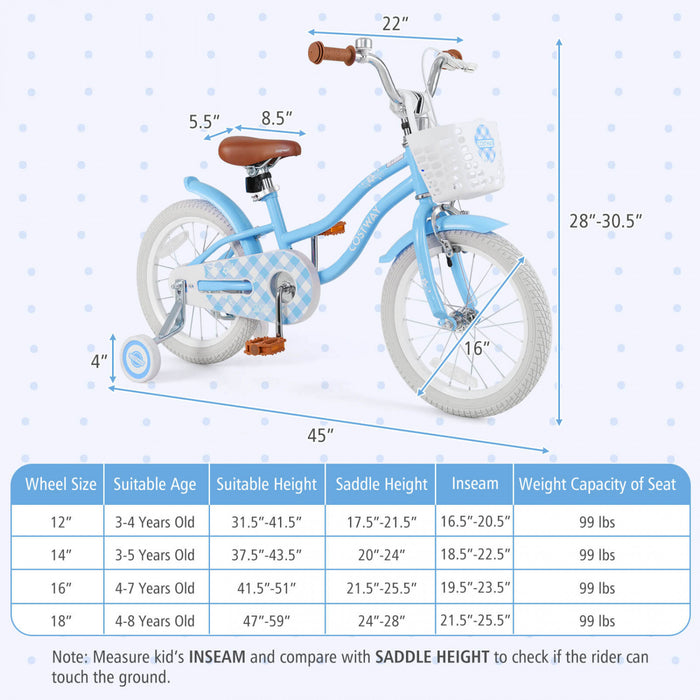 Costway 16\" Enfants Velo Tout-petit Velo Reglable Avec Roue D'entrainement Pour 4-7 Ans Fille Bleue