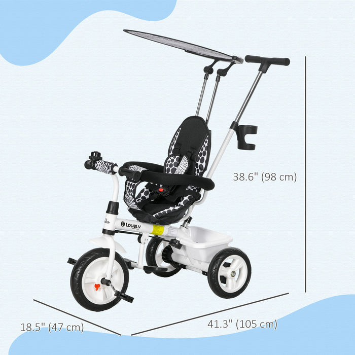 Qaba Tricycle Pour Enfants, Poussette 4 En 1 Avec Guidon Amovible, Barriere De Securite Et Harnais 5 Points, Auvent, Panier De Rangement, Pour Tout-petits De 12 A 60 Mois, Blanc