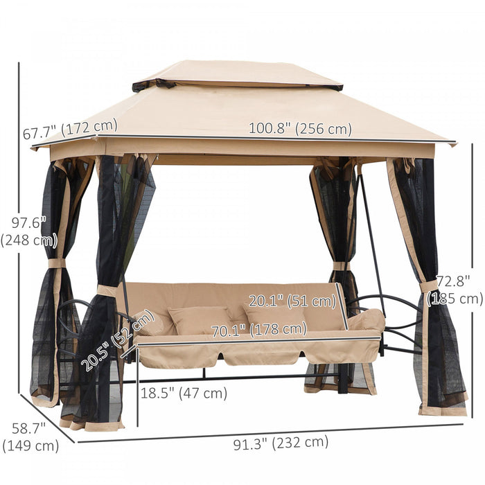 Balancelle De Jardin 3 Places Convertible Style Colonial Grand Confort 5 Coussins + Matelas + Moustiquaires Inclus 2,32l X 1,49l X 2,45h M Marron Clair