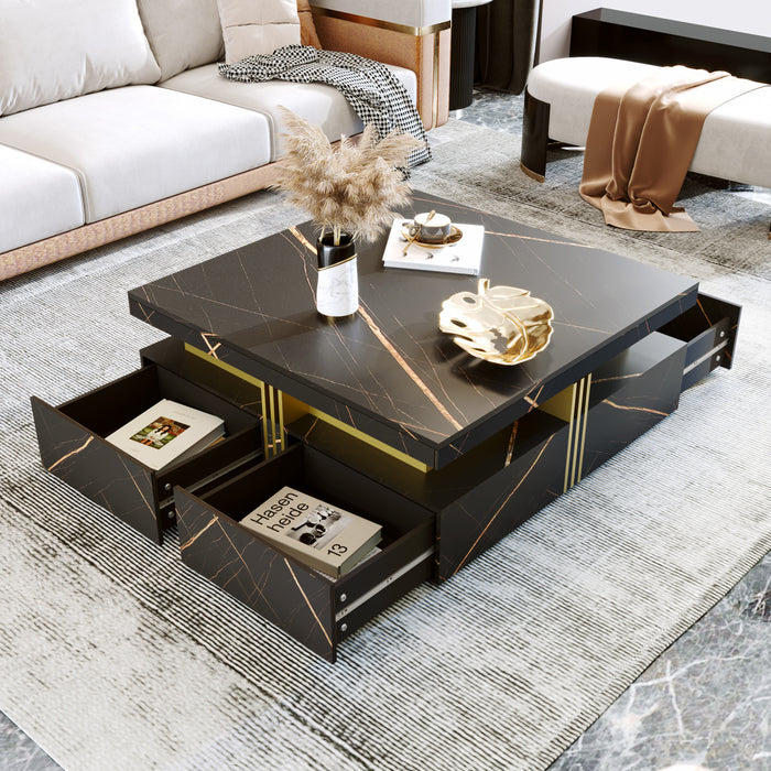 Table Basse Carree Marcia De 43,3\" En Bois Composite Avec Tiroirs De Rangement, Noire