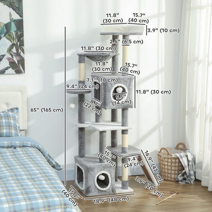 Tour a chat PawHut, arbre a chat de 43 cm avec griffoir en jute, centre d'activites pour chatons avec griffoir incurve, balle suspendue avec clochette, gris