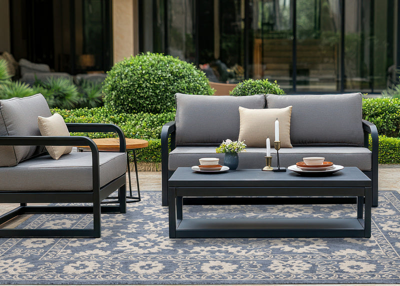 Tapis d'exterieur Cabana bleu et blanc a bordure elegante, 7'10\" x 10'6\"