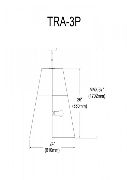 Luminaire suspendu Trapezoid de Dainolite avec abat-jour trapézoïde noir et blanc qui diffuse la lumière, tissu blanc et 3 ampoules